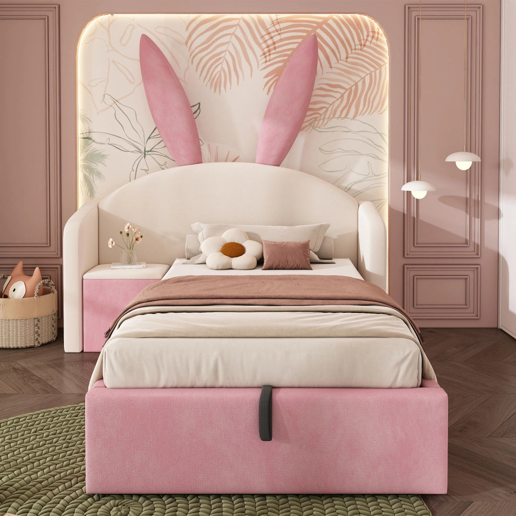 Letto imbottito 90x200 cm con vano contenitore idraulico, comodino integrato e design con orecchie di coniglio