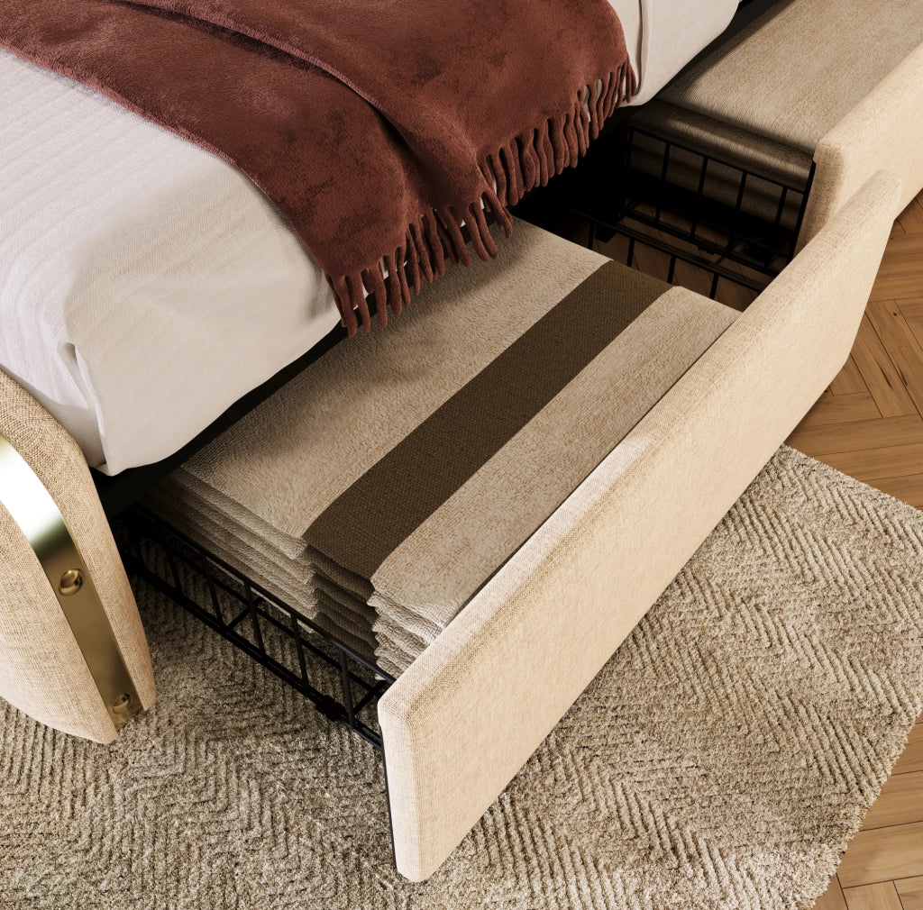 Letto singolo imbottito beige 90×200 cm con USB/Type-C e 4 cassetti