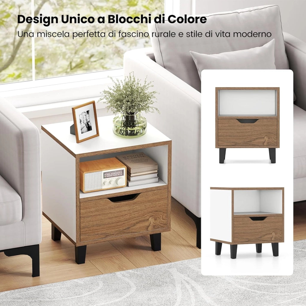 Comodino 37 x 33 x 44 cm, Tavolino da Letto con Cassetto, Scomparto Aperto e Gambe in Metallo, Mobile Laterale per Camera da Letto, Salotto e Soggiorno, Naturale e Bianco (1)