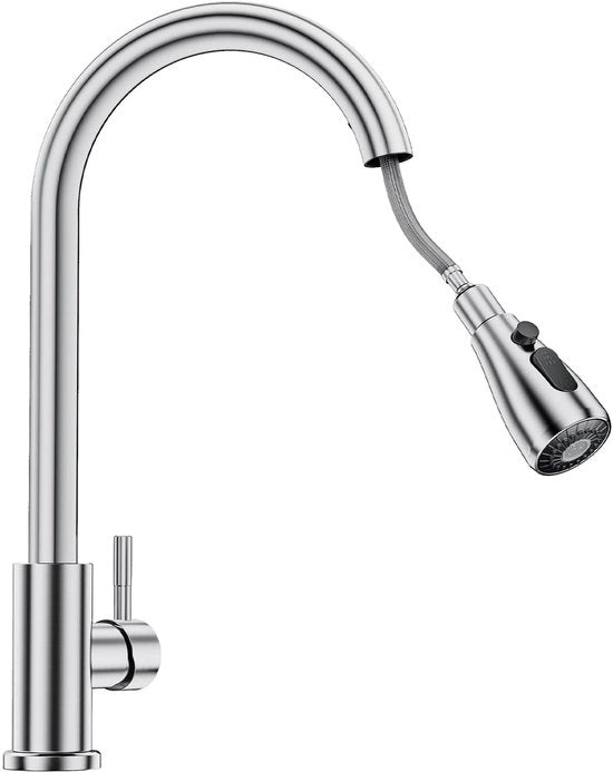 Uittrekbare spigota per cucina, rubinetto per lavaggio con 3 posizioni per doccia, getto e pausa, rubinetto cucina per acqua fredda e calda, rubinetto cucina in acciaio inossidabile, rotazione 360°