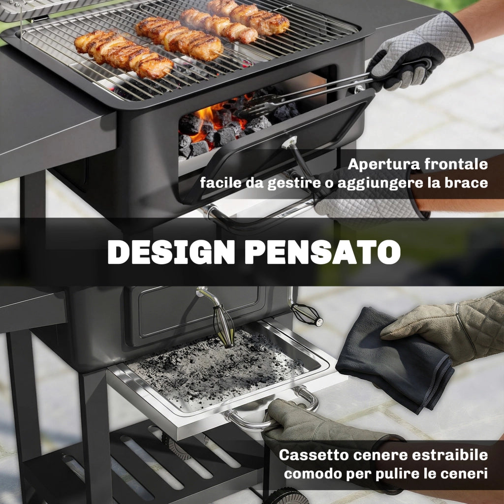 Barbecue a Carbone 112x65x115 cm Griglia Smoker con Ruote in Metallo e Acciaio Nero