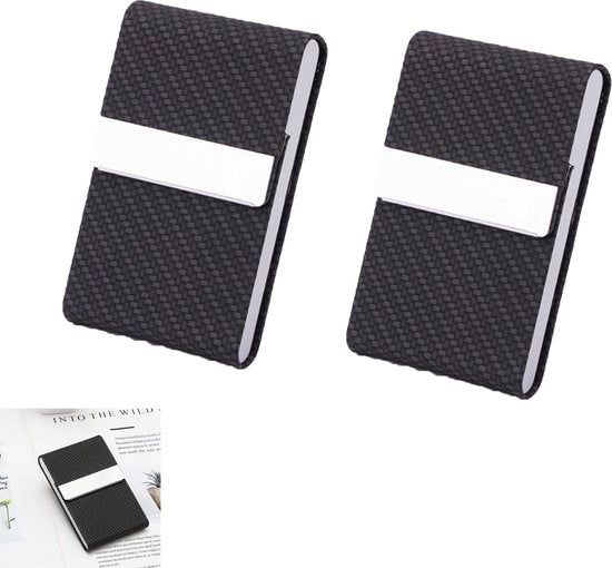 Portafoglio per biglietti da visita - 2 pezzi - Portafoglio in pelle PU e acciaio inossidabile - Portafoglio sottile - Ospita carta di credito con blocco RFID - Chiusura magnetica - Dimensioni: 9,5 x 6 x 1,5 cm - Nero