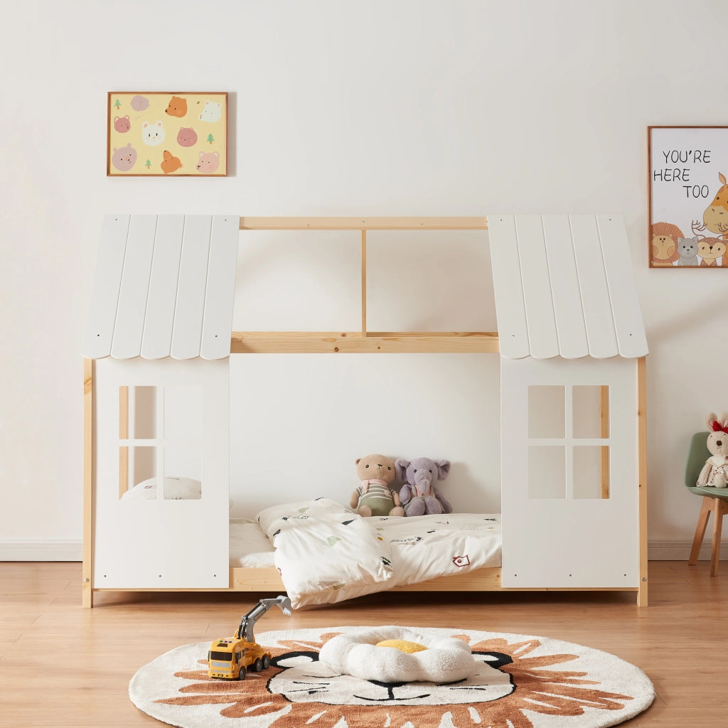Letto Tostedt per Cameretta a Forma di Casetta Semiaperta 90 x 200 cm Naturale / Bianco [en.casa]