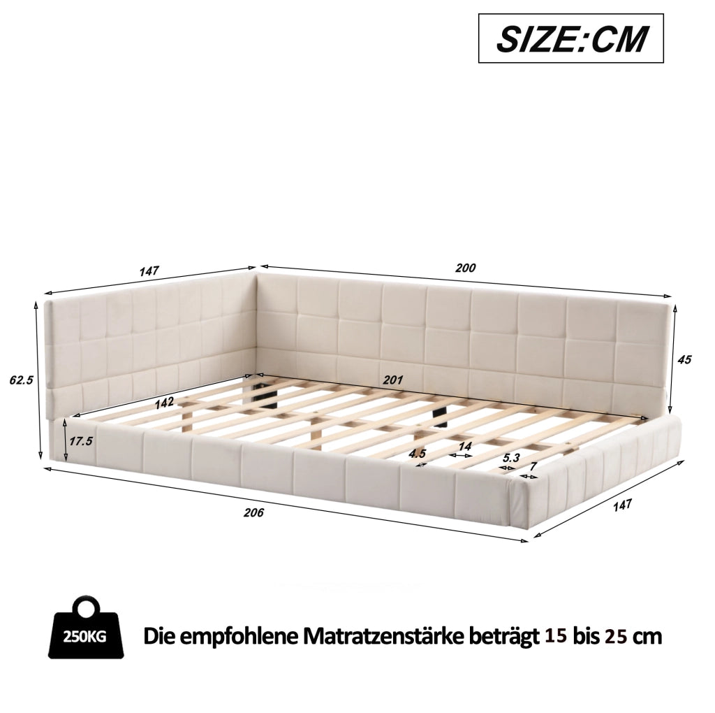 Letto imbottito 140x200 cm beige, tessuto con rete a doghe e 2 colli