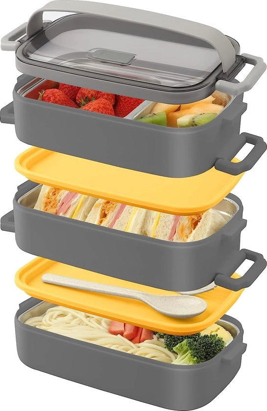 Bento Box per adulti e bambini, contenitore per pane per bambini con compartmenti, 3 strati Bento box impermeabile con forchetta, cucchiaio, adatto per bento box per lavoro, ufficio, scuola (2,25 l, grigio)