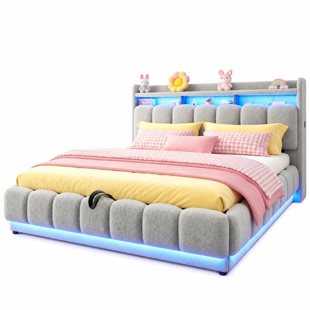 Letto imbottito 180x200 cm con contenitore; LED e USB in bouclé e metallo