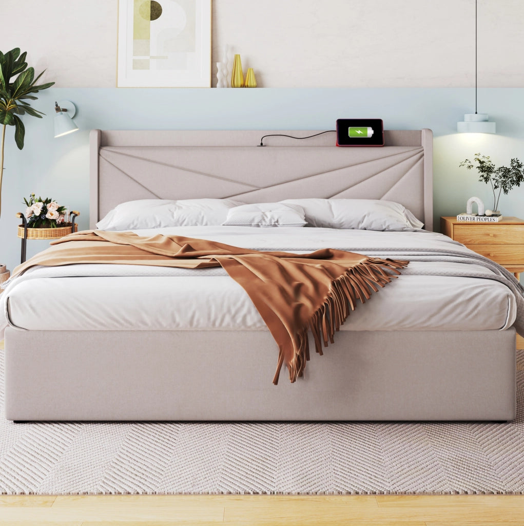 Letto matrimoniale 140x200 con materasso, USB-C e contenitore