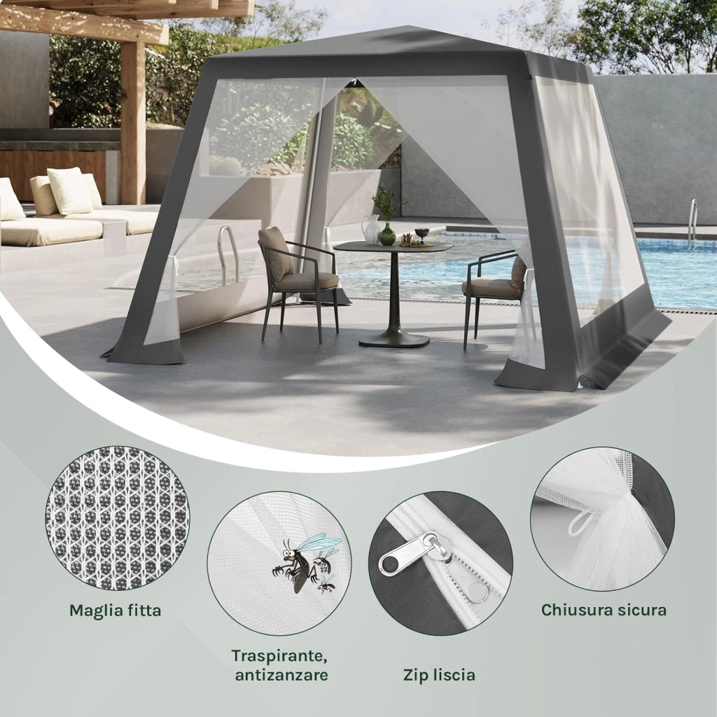 Gazebo 3x3 Pieghevole Impermeabile, Pergolato da Giardino, Gazebo da Esterni, con Pareti Laterali a Zanzariera, per Campeggio, Feste, Grigio