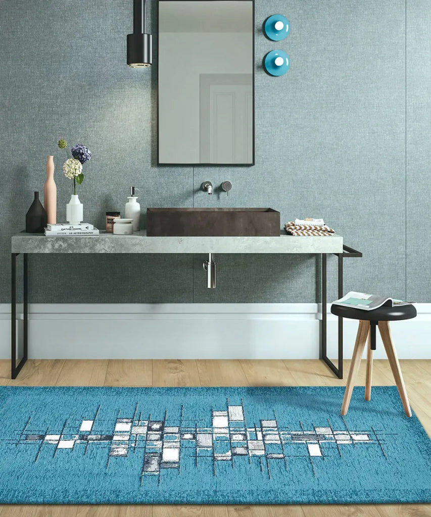 Tappeto moderno PIXEL BLU JEANS disegno arte contemporanea astratto geometrico, passatoia cucina multiuso lavabile in lavatrice e anti-scivolo cm.55x115