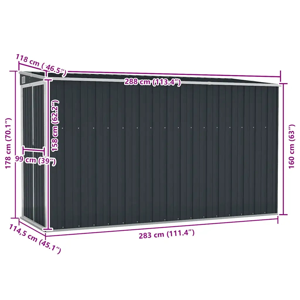 Capanno da Giardino a Parete Antracite 118x288x178 cm Acciaio 316227