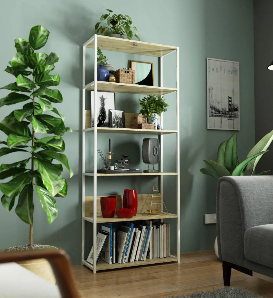 Scaffale stilo loft con ripiani in legno 80 cm Bianca 80 cm inserto frontale Quercia Artisan 80x32x192 cm