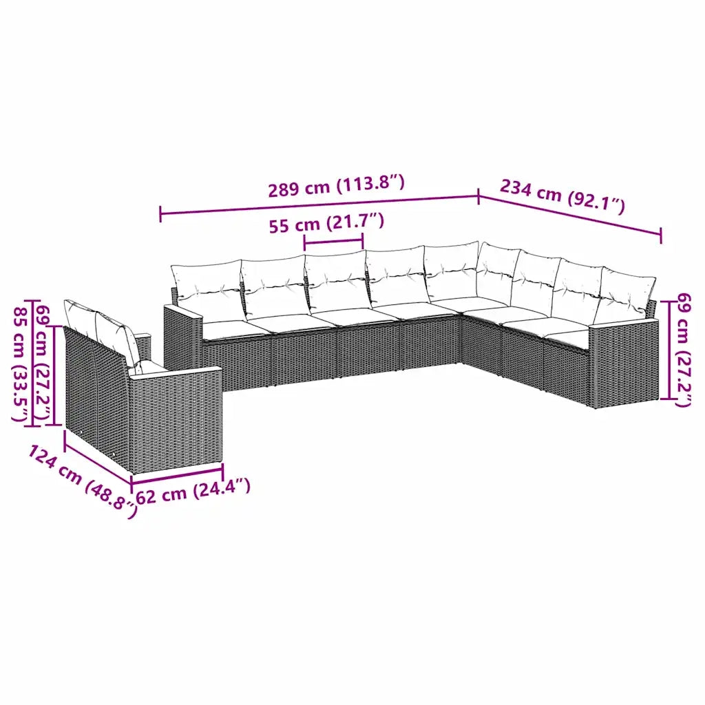 Set Divani da Giardino 10pz con Cuscini in Polyrattan Nerocod mxl 90399