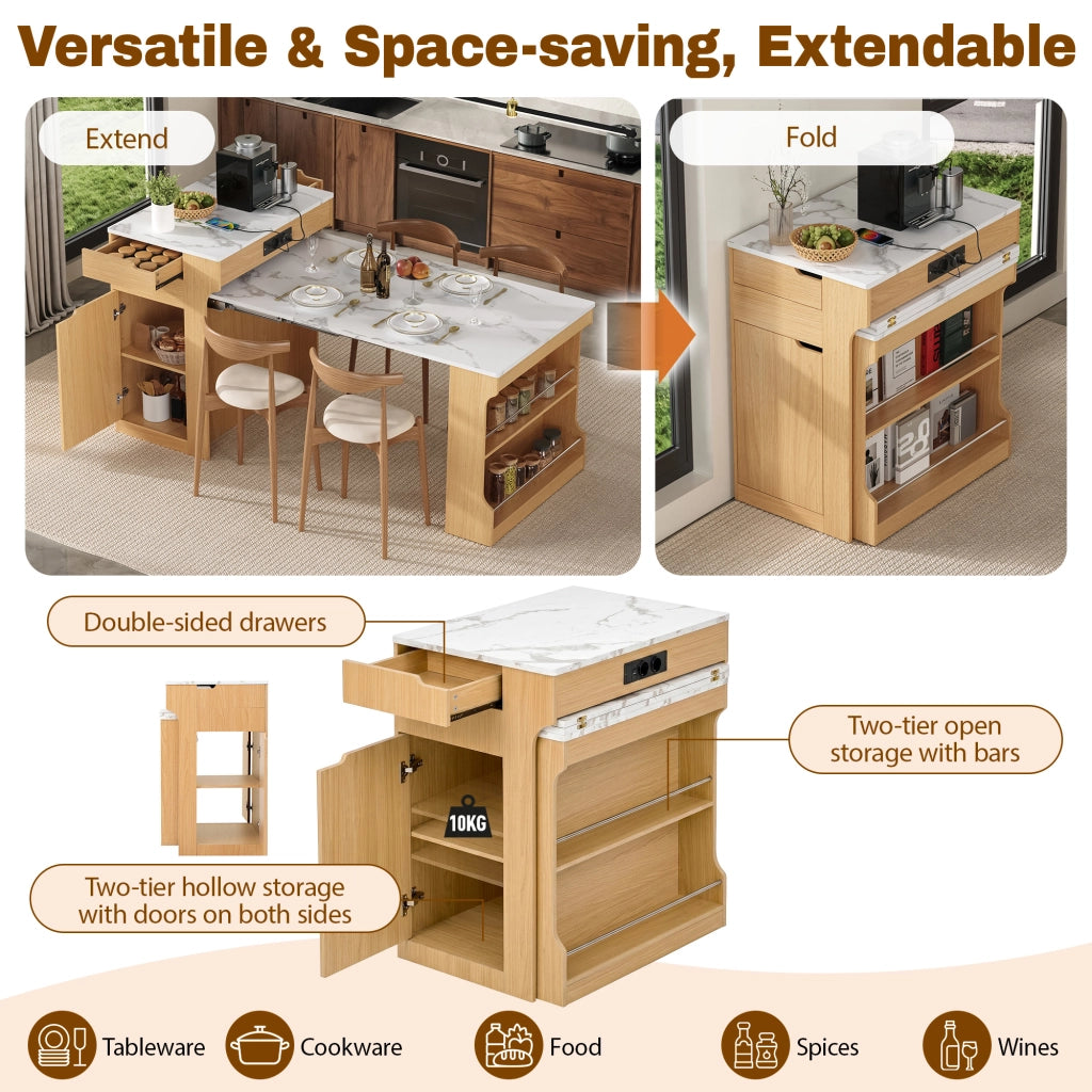 Tavolo allungabile multifunzione con cassetti e prese elettriche in MDF e vetro naturale per cucina e sala da pranzo