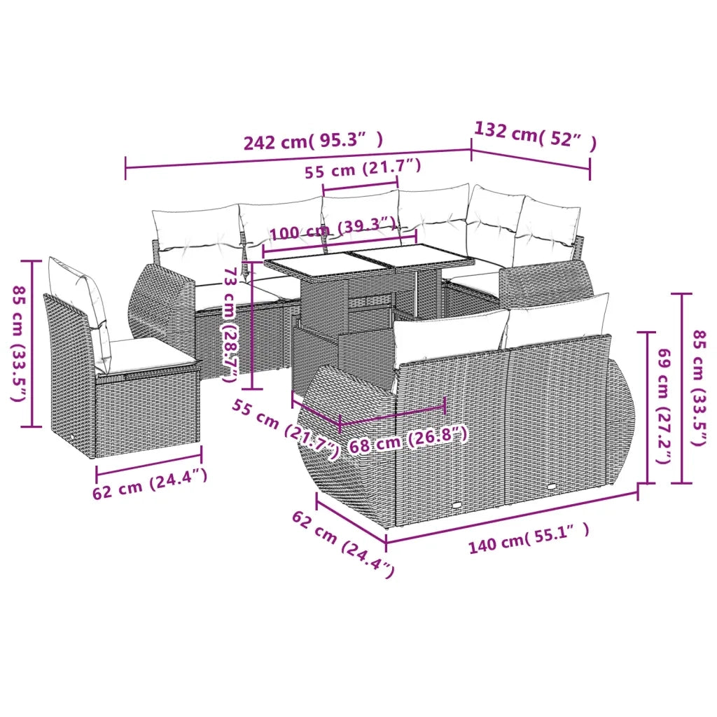 Set Divano da Giardino 9 pz con Cuscini Grigio in Polyrattan