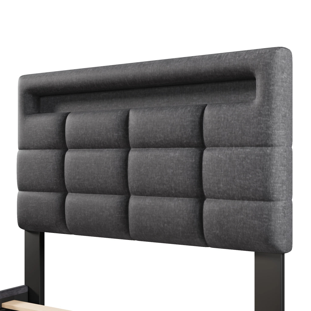 DESMIU Letto contenitore 90 × 200 cm 1 posto con LED, USB, vano idraulico, senza materasso, lino, grigio