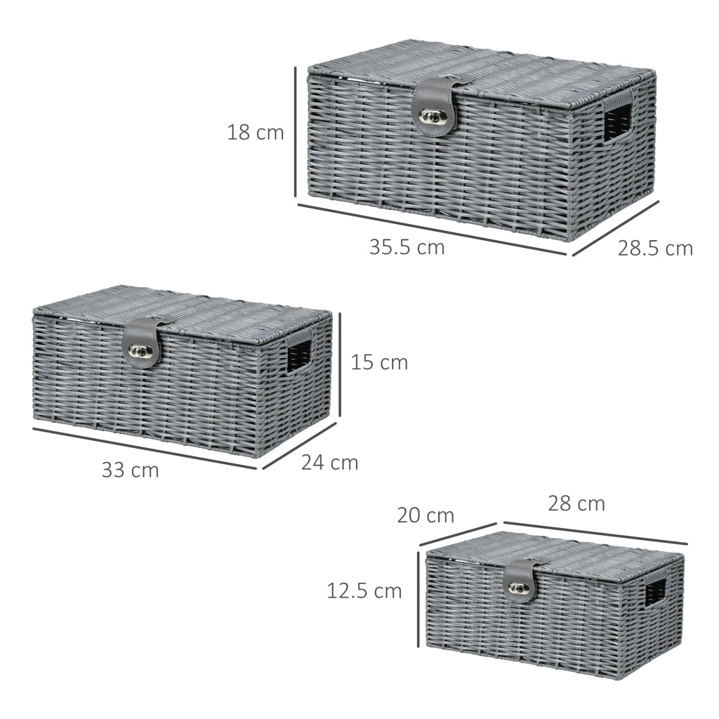 Set 3 contenitori portaoggetti con coperchio e chiusure, 18L/12L/7L, grigio