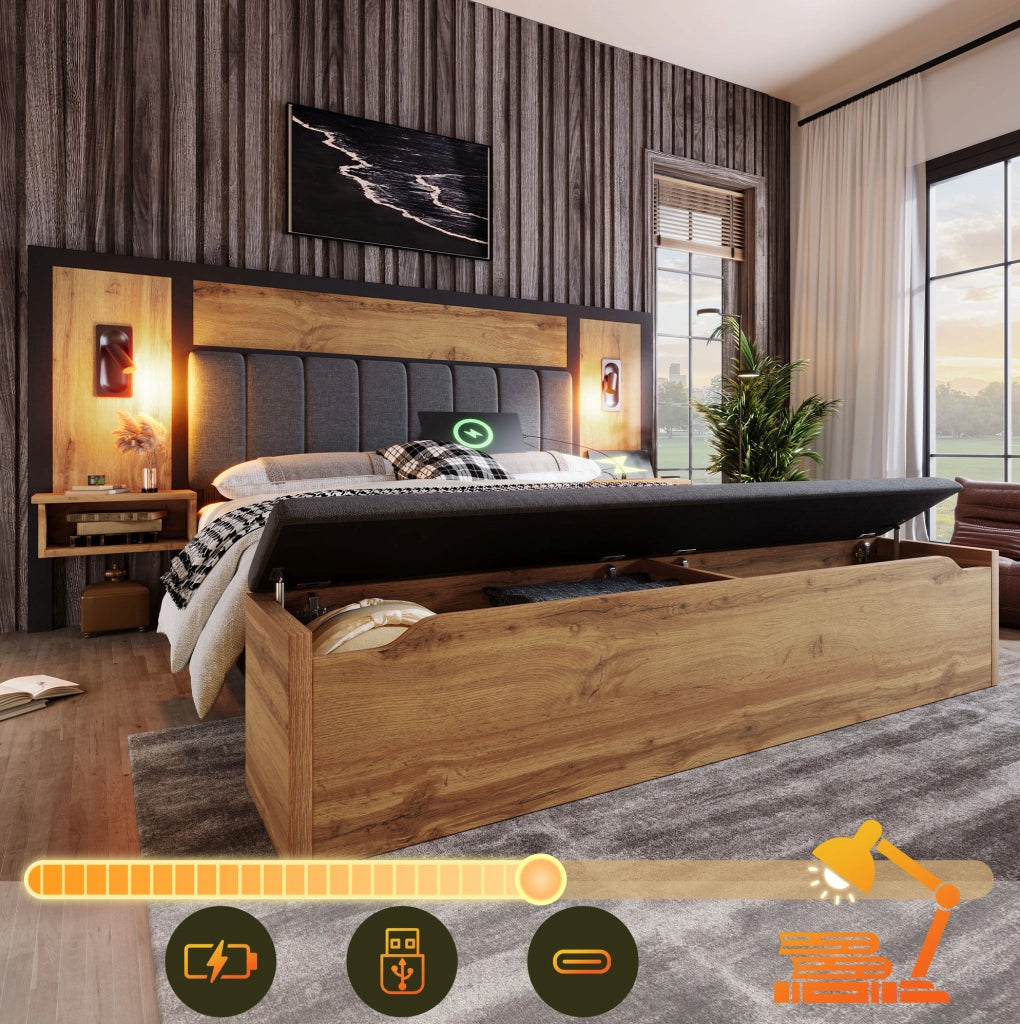 Letto imbottito con luci da lettura, comodini integrati e panca contenitore, 160x200 cm