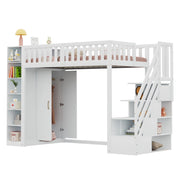 Letto a soppalco 90x200 cm con armadio integrato; mensole e scala contenitore bianco