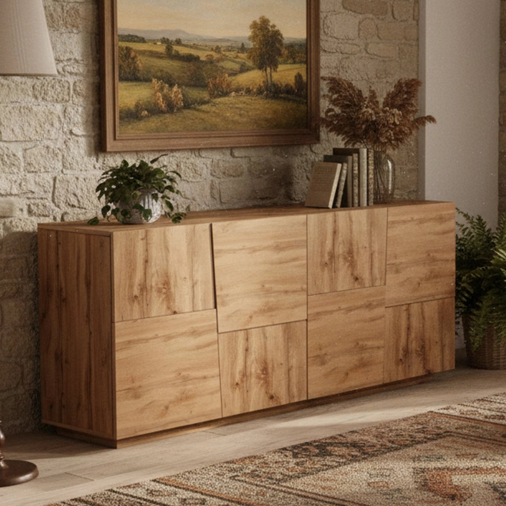 Credenza Arda, Buffet da soggiorno, Madia da salotto moderna con 4 ante, 200x44h86 cm, Rovere