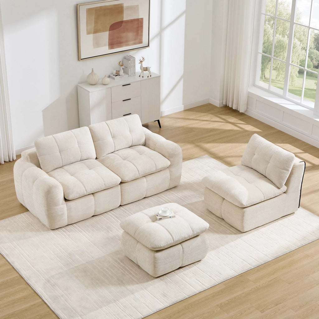 Divano modulare angolare senza struttura con rivestimento in chenille e comfort ergonomico beige 264 × 160 × 68 cm