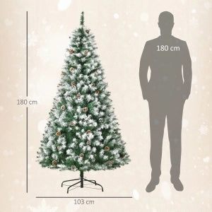 Albero di Natale artificiale 180 cm con 800 rami innevati e 61 pigne, plastica verde e base in metallo
