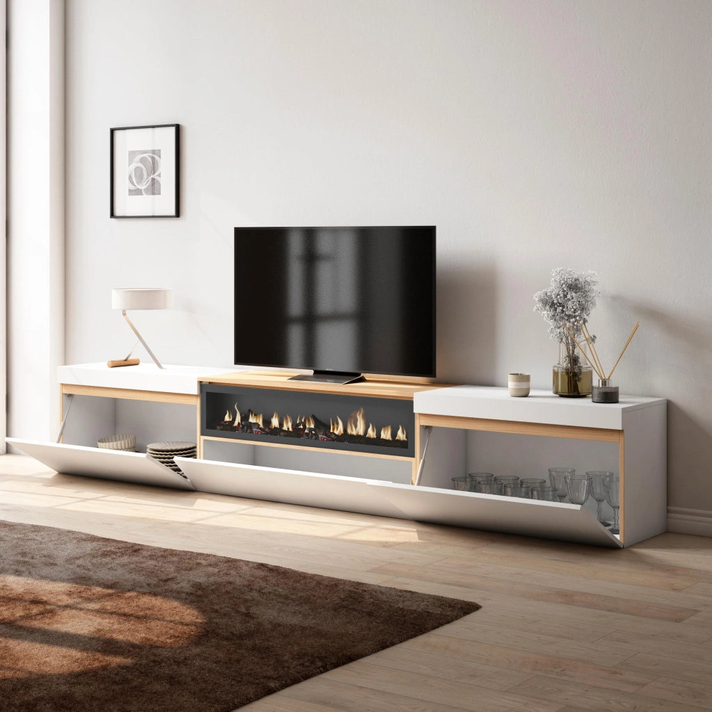 Mobile TV Soggiorno, 260x45x35cm, TV di grande formato, Camino elettrico, Bianco e Rovere soft