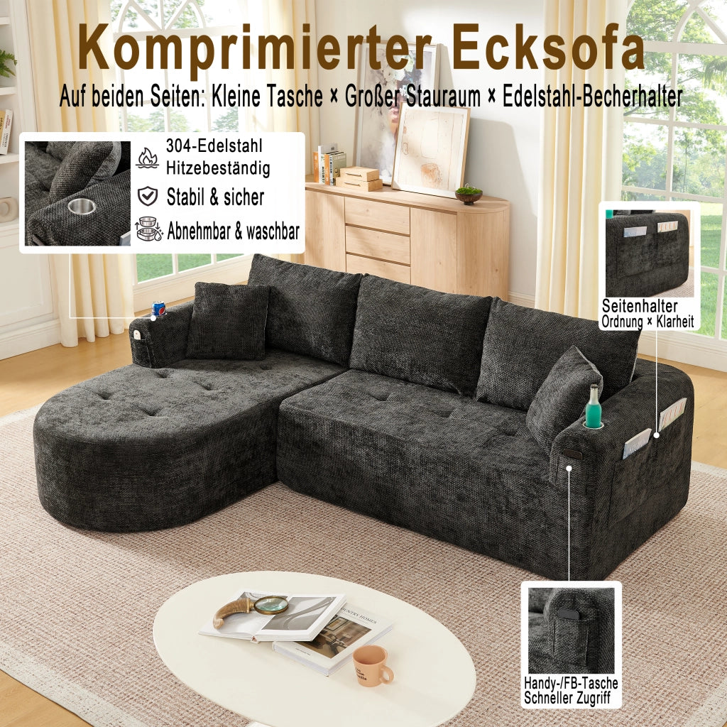 Divano angolare modulare L con portabicchieri in acciaio inox, tasche laterali e lino nero 255 × 170 × 67 cm