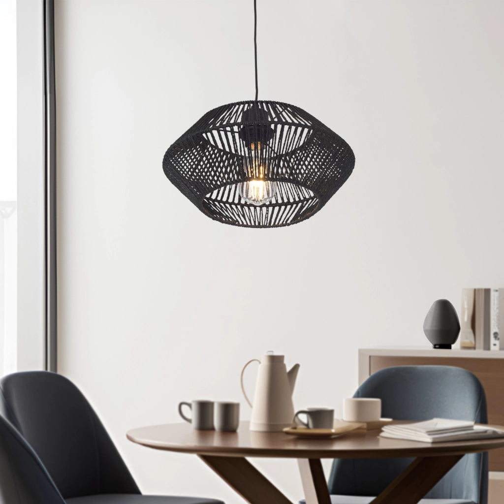 Lampada a Sospensione Amersham con Paralume a Ellisse in Rattan - Nero lux.pro