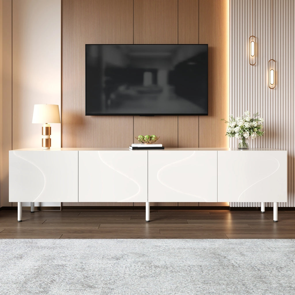 Mobile porta TV con 4 ante e funzione push-to-open, per soggiorno, in PB e MDF, bianco, 170 × 35 × 50 cm