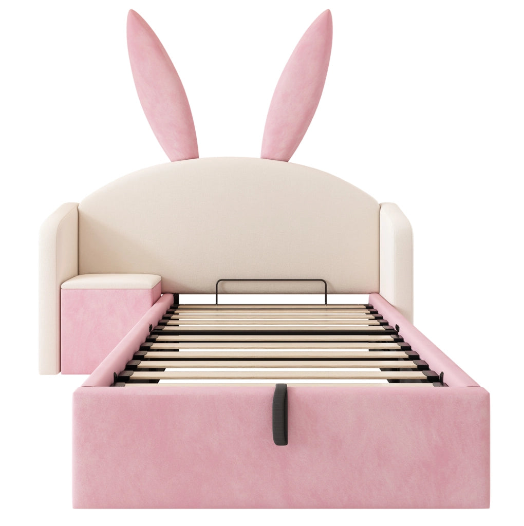 Letto imbottito 90x200 cm con contenitore idraulico e comodino integrato; velluto beige e rosa