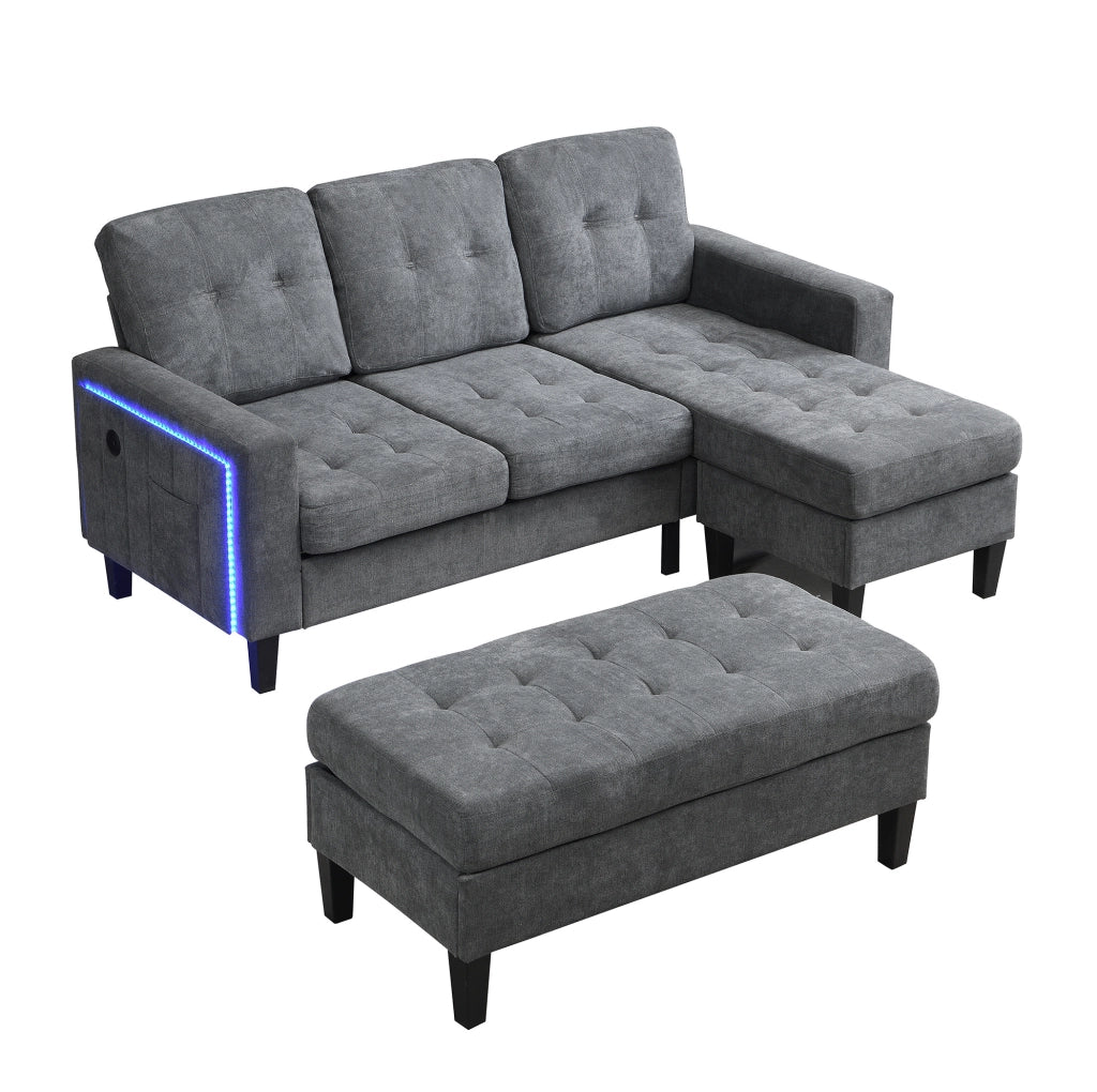 Divano letto angolare modulare con pouf XXL, LED e USB, grigio antico