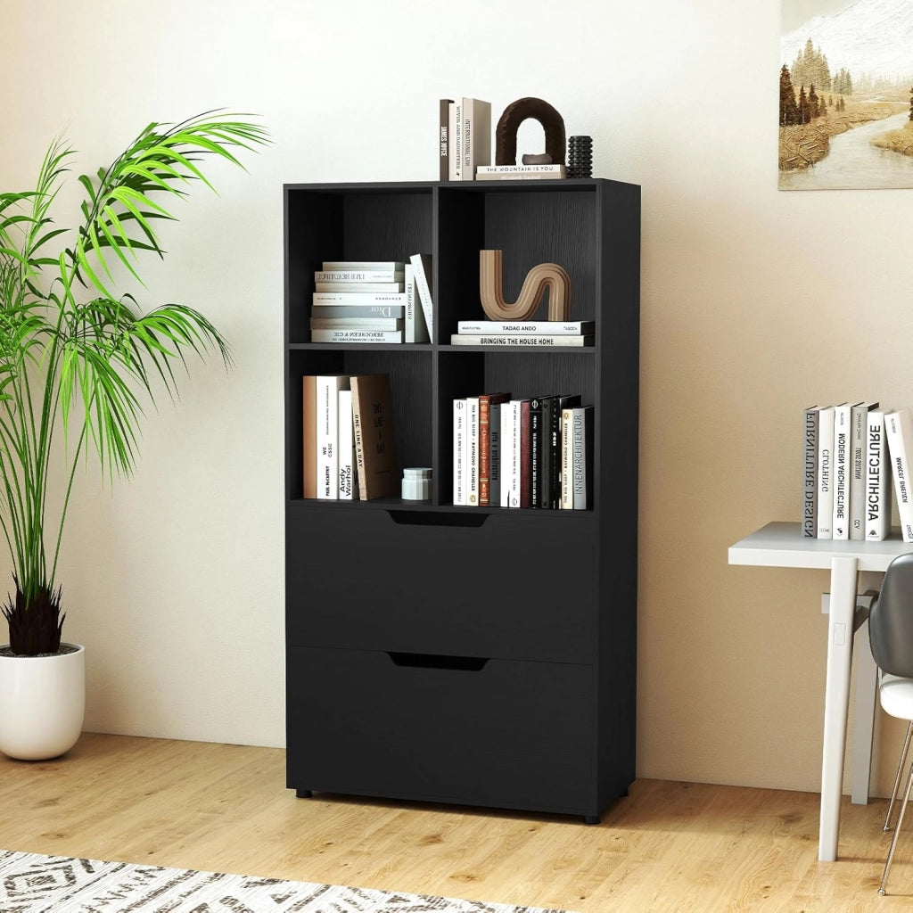 Libreria con 4 cubi e 2 cassetti, scaffale da libreria a piedi con kit antiribaltamento, mobile di stoccaggio autoportante per ufficio, soggiorno, ufficio casa (nero)