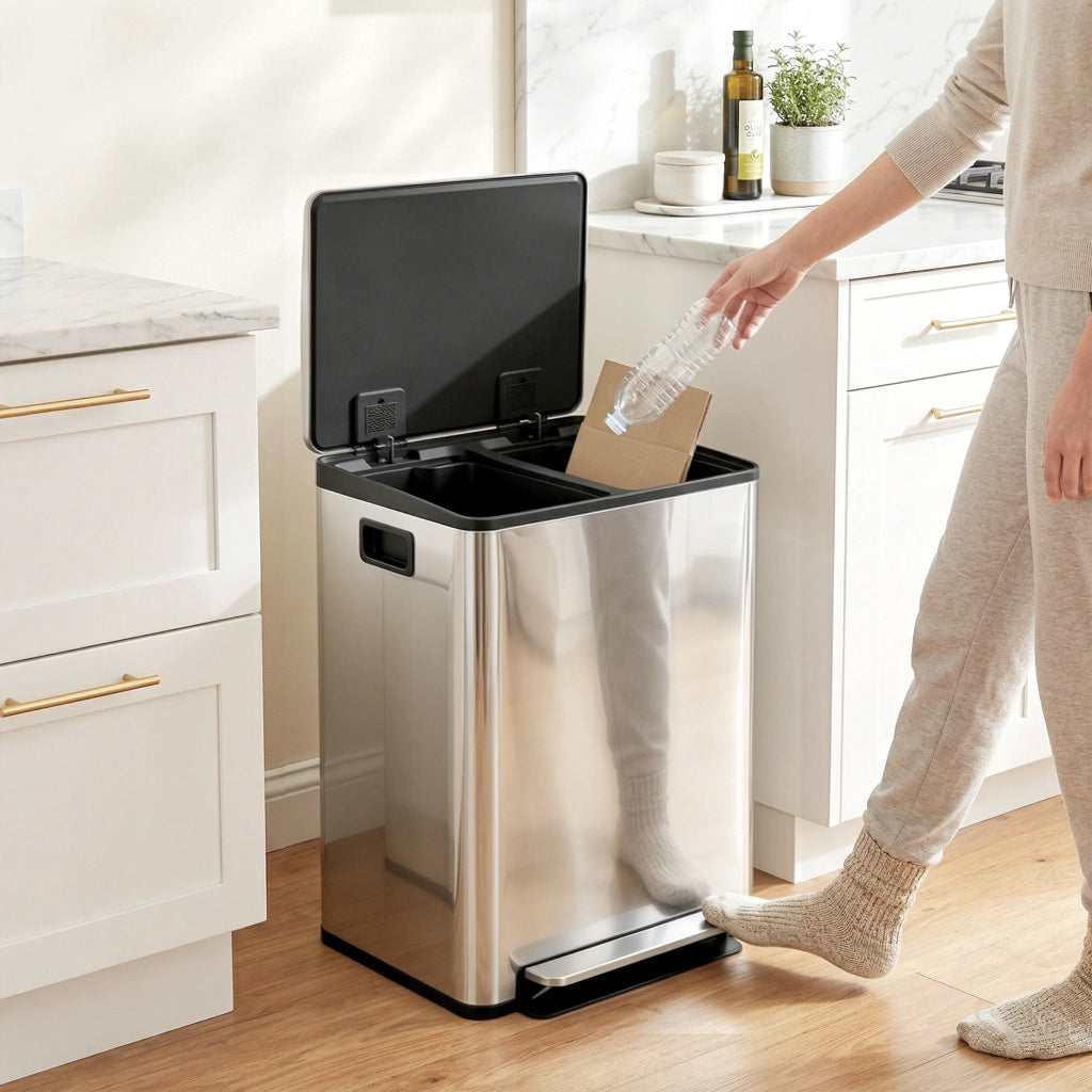 Bidone 2 Compartimenti 60L con Pedale ¨C Zephmum ¨C Acciaio Inossidabile 43x35x75cm