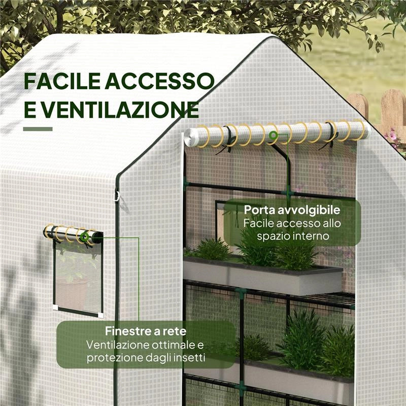 COPERTURA PE PER SERRA DA GIARDINO CON PORTA A CERNIERA E FINESTRE, 140X143X190CM, BIANCO