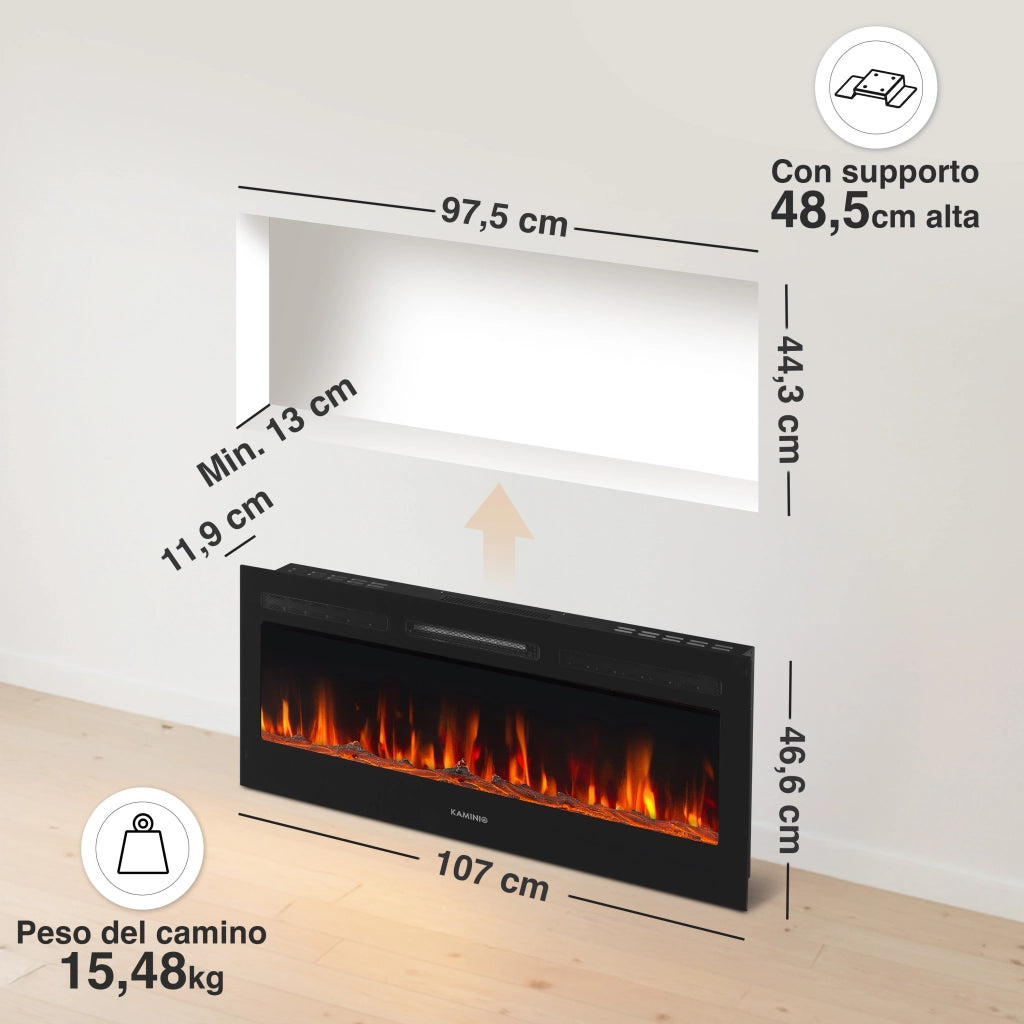 KAMINIO Camino elettrico MARLON - Camino elettrico 3 in 1 con riscaldatore, effetto fiamma 3D, 12 colori di fiamma, telecomando - 42 pollici