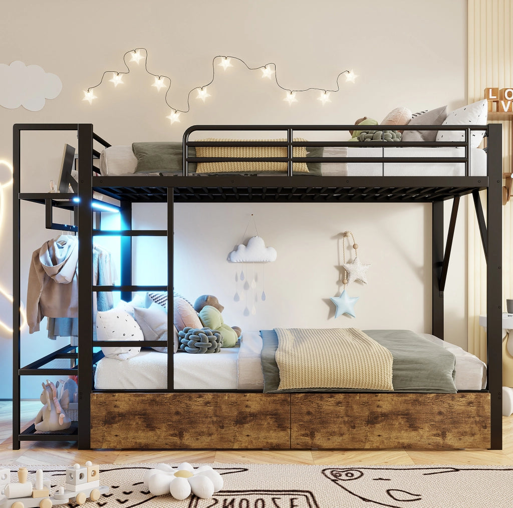 Letto a castello 140x200 cm in metallo e MDF; 2 cassetti; ripiani; LED; asta appendiabiti; nero