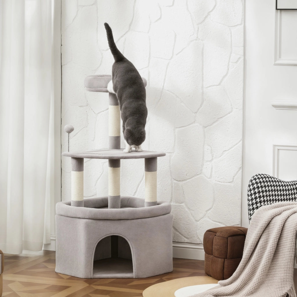 Arbre ¨¤ chat per gatti con piattaforma, griffoir sisal, nicchia e palle ¨C zephmum ¨C 49x49x114 cm grigio chiaro