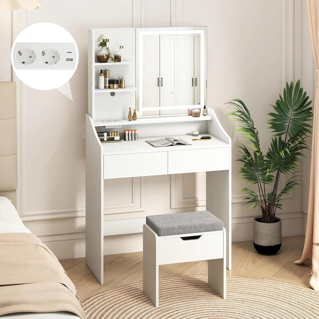 Set da Trucco con Sgabello, Tavolo da Trucco con Specchio Illuminato a LED, 3 Scaffali Aperte e 2 Cassetti, Stazione di Ricarica Integrata, per Salone, Camera da Letto, Bianco