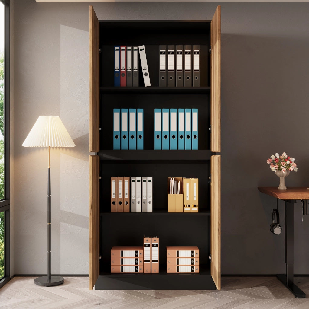 Armadio alto ULEVR 80x35x180 cm con ripiani regolabili e cerniere soft-close, nero e effetto rovere