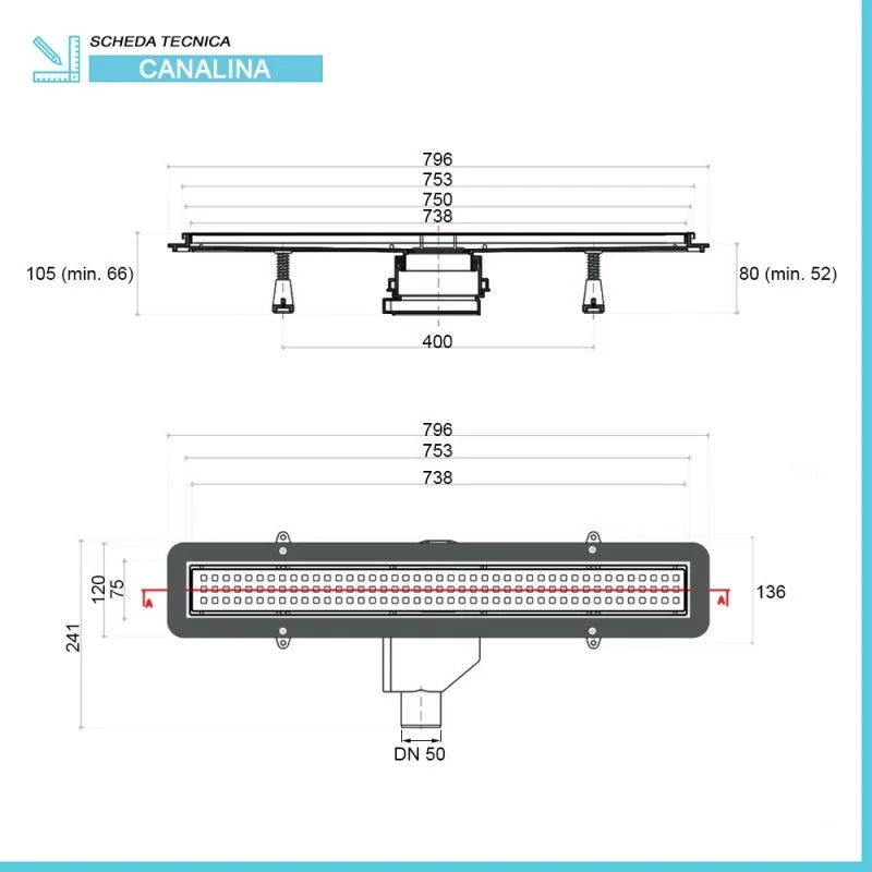 Canalina doccia a pavimento 75 cm con griglia e scarico incluso in acciaio inox cromato