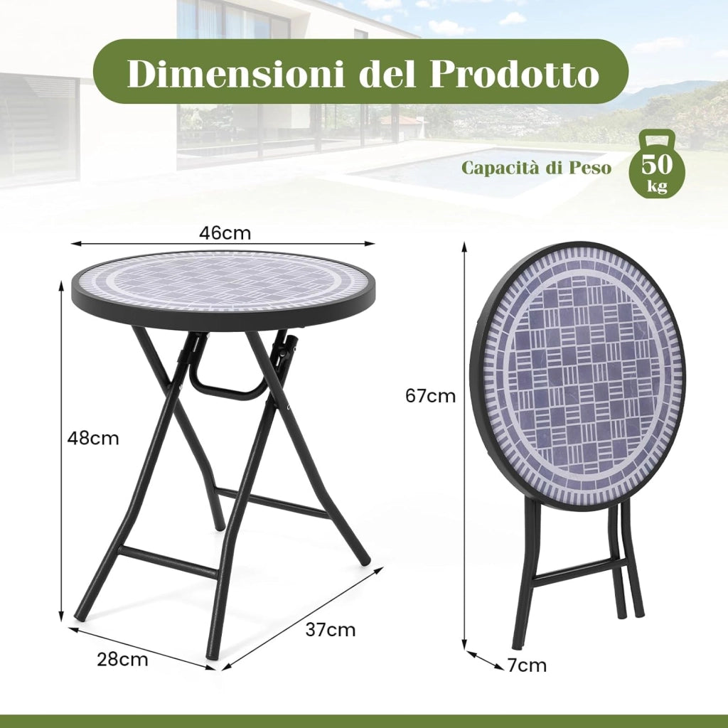 Tavolino da Giardino Pieghevole da 46 cm, Tavolino Rotondo Compatto da Patio, con Piano in Vetro Temperato e Struttura in Metallo, Tavolino Laterale Portata 50 kg (Grigio)