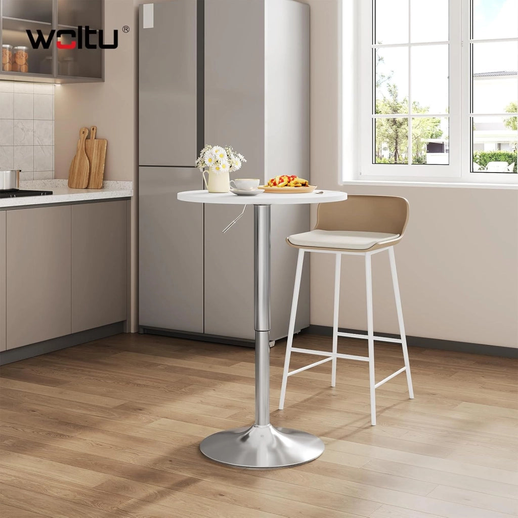 Tavolino da Bar, Girevole Piano Rotondo, Diametri 60 cm, Tavolo da Cucina, Base in Acciaio e Piano in MDF, per Soggiorno, Bianco