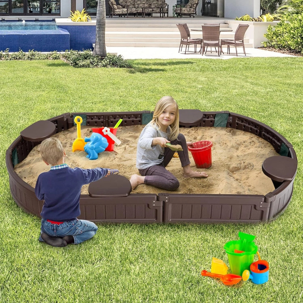 Sabbiera per Bambini con Coperchio Impermeabile, con 4 Sedie, Ideale per Giardino, Cortile e Spiaggia,183 x 105 x 21 cm, Marrone