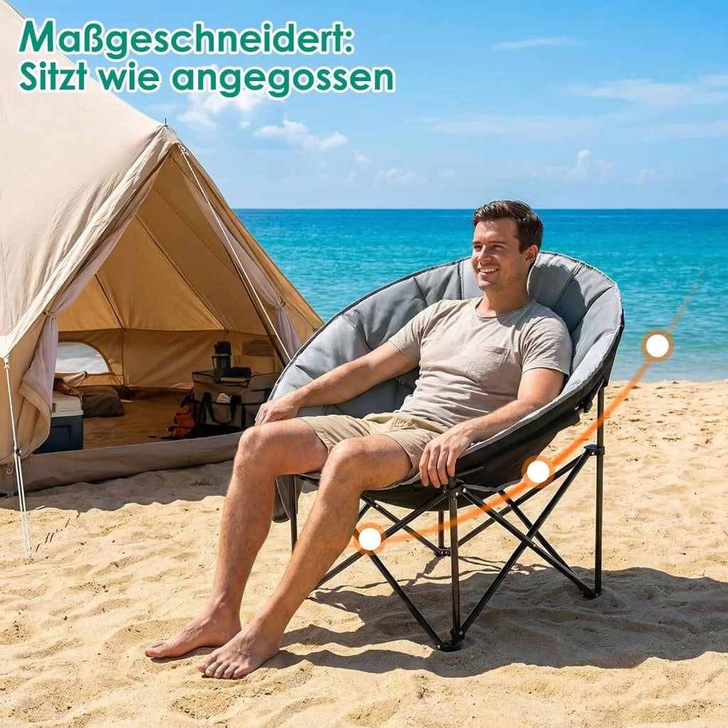 Sedia Pieghevole da Campeggio 150KG, Sedia da Campo Portatile, Moonchair XXL, con rete traspirante, Tasca Laterale, borsa per il trasporto, per Giardino, Spiaggia, Trekking, Pesca, Grigio