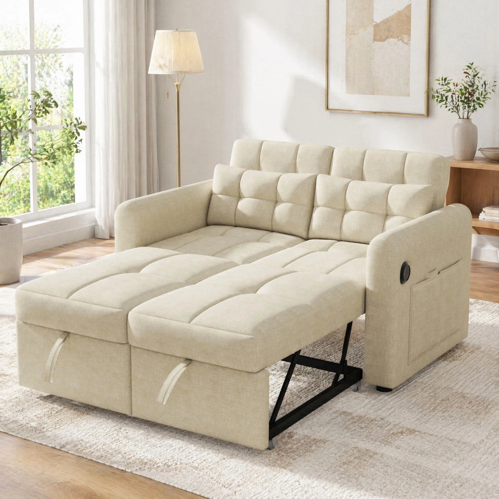 Divano letto 3-in-1 con schienale regolabile; USB; tasche laterali e 2 cuscini; beige