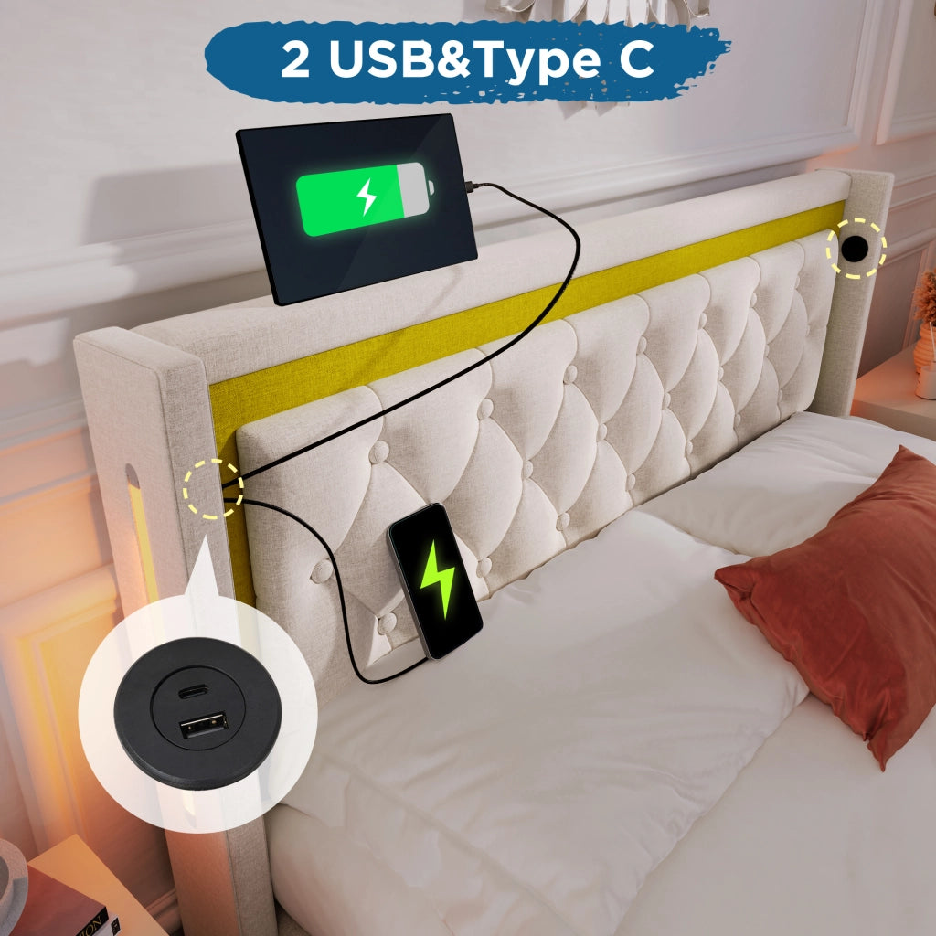 LETTO LED 140x200 cm Beige in cotone con USB e Type-C, contenitore e rete a doghe