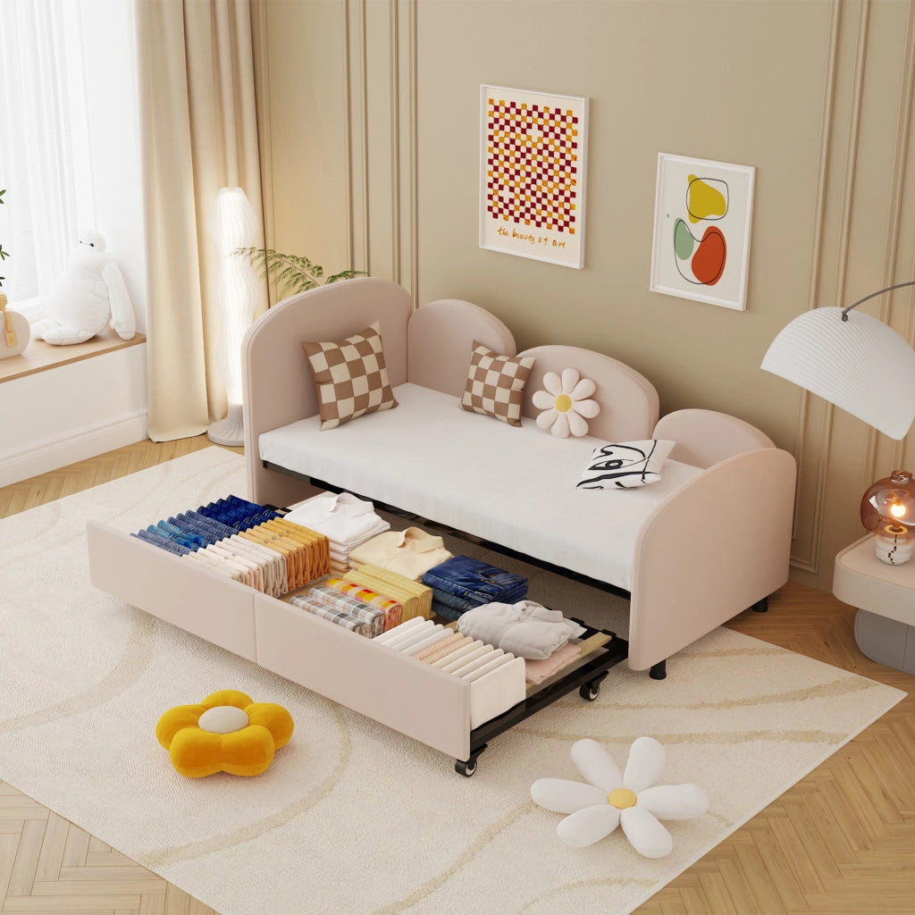 Letto per bambini 90 × 200 cm con cassetto, sponde di sicurezza, senza materasso, in velluto rosa