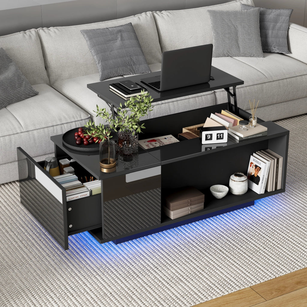 Tavolino da Salotto Reclinabile Idraulico con 1 Cassetto; Vano Nascosto e LED Bluetooth; Lucido; in Pannelli di Truciolare; 100×50×40 cm; Nero