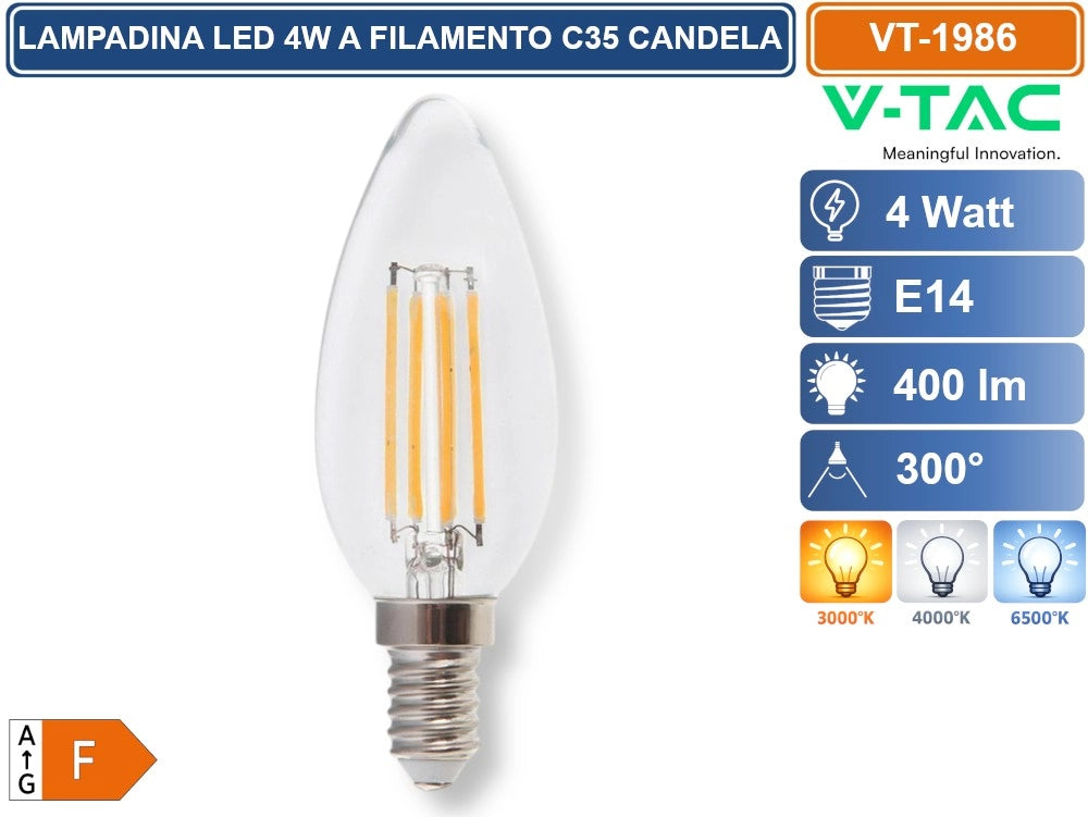 V-TAC VT-1986 LAMPADINA LED E14 4W CANDLE BULB C35 CANDELA FILAMENT VETRO TRASPARENTE - Colore Luce:Bianco Naturale
