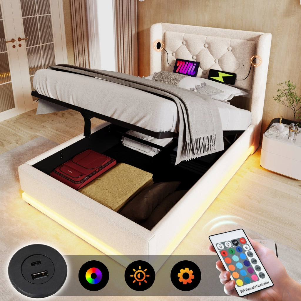 Letto contenitore singolo ULEVR 90x200 cm con LED, USB e Type-C, testiera imbottita beige
